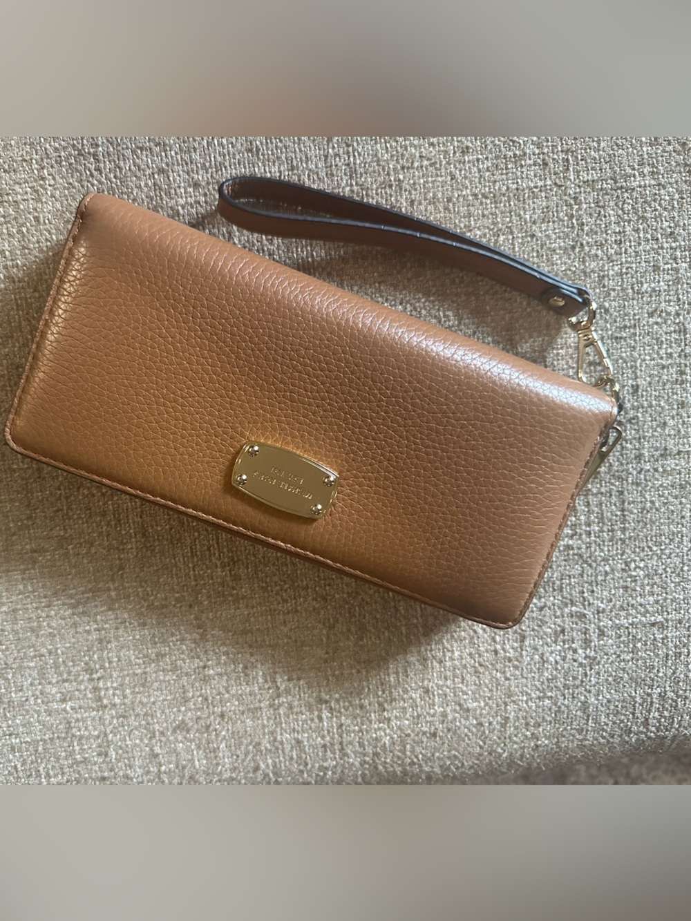 Michael Kors Brown Pebbled Leather Wristlet Wallet with Gold Plate
